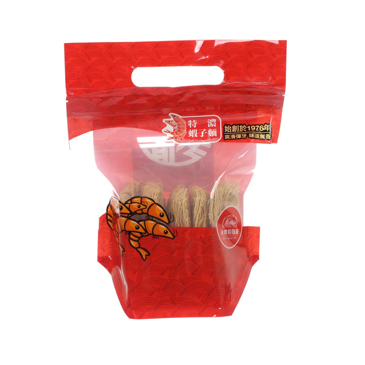 Shrimp roe noodle fine seasoning in red foil stand-up pouch, front label