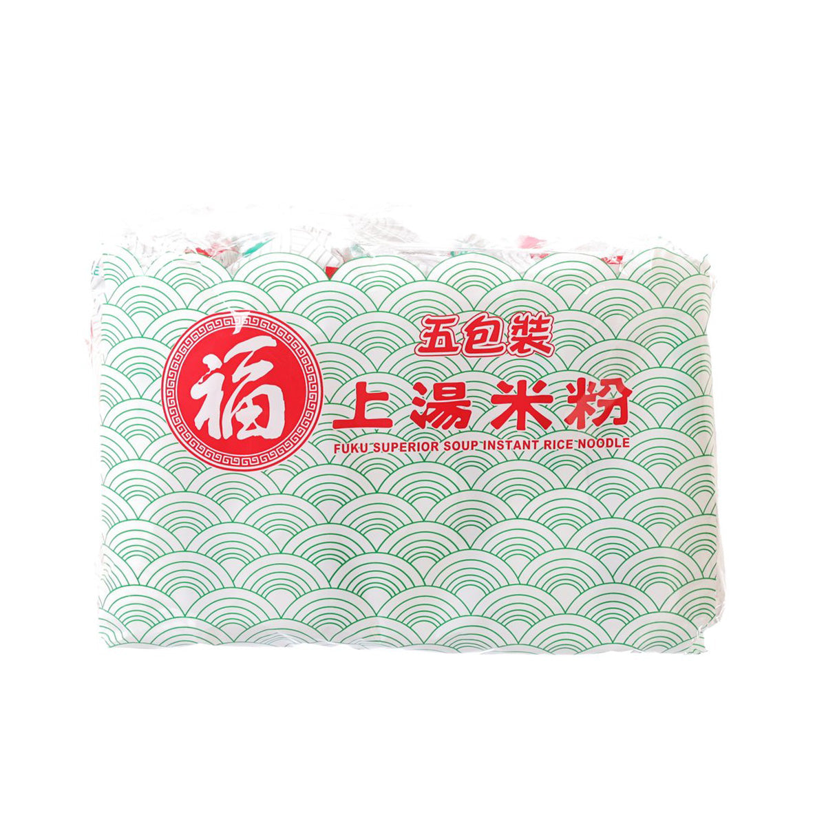 Instant rice noodle soup packet, green-and-white patterned with red logo