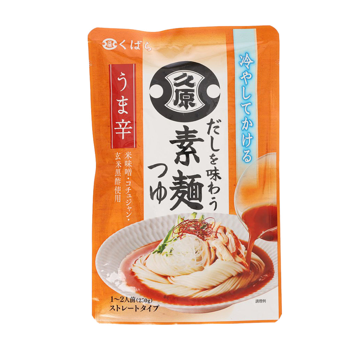 Spicy dashi noodle sauce pouch, 250g, with serving image on front label