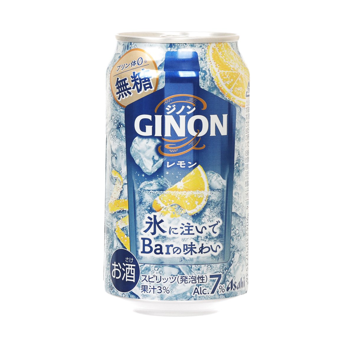 ASAHI Ginon sugar-free lemon gin sour can, blue and yellow with Alc. 7% text