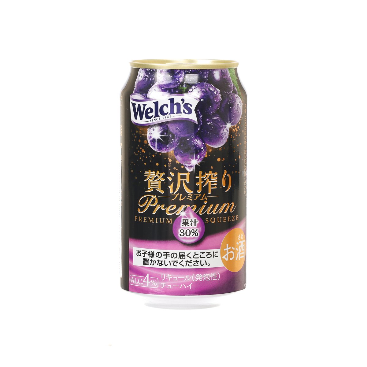 Welch's premium grape alcoholic drink can, purple grape graphics, gold lid