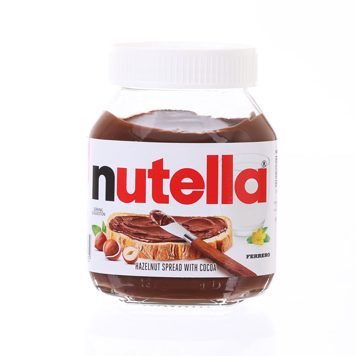 Nutella hazelnut spread bottle with cocoa, white cap and front label