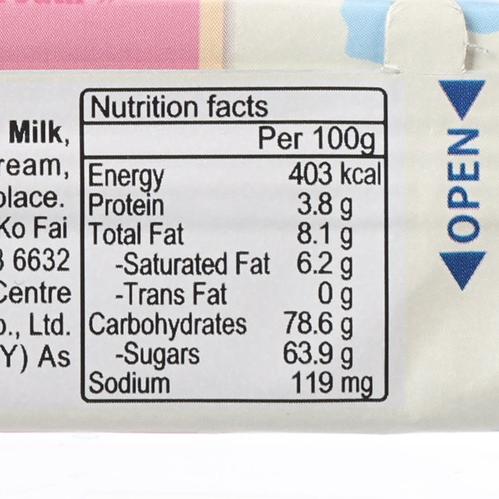 Nutrition facts panel: per 100g energy 403 kcal, protein 3.8g