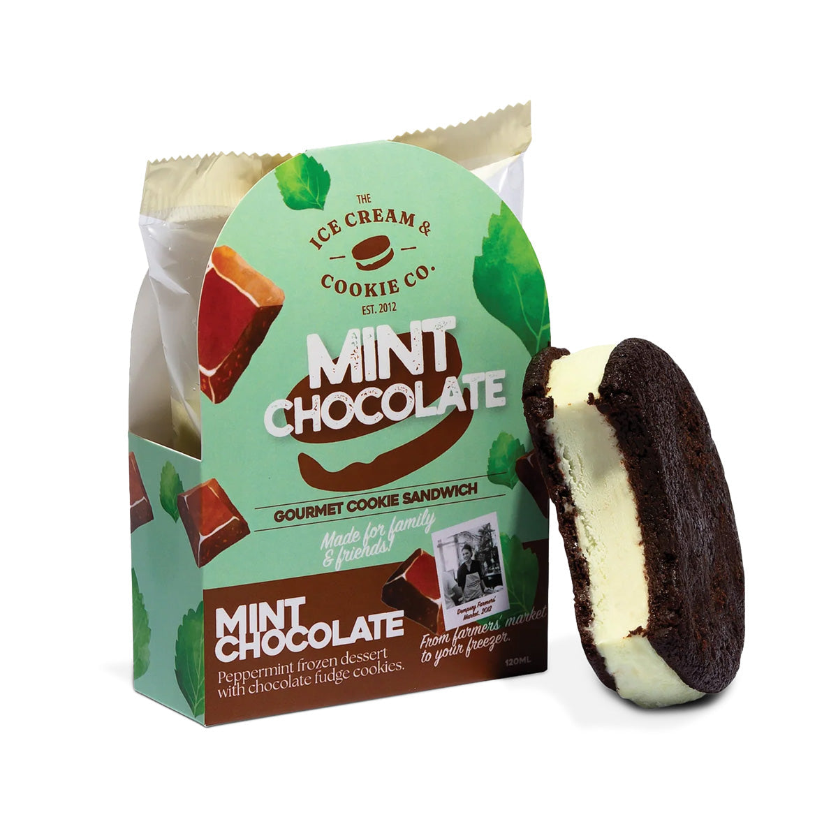 Mint chocolate cookie sandwich with dark filling, shown in branded package