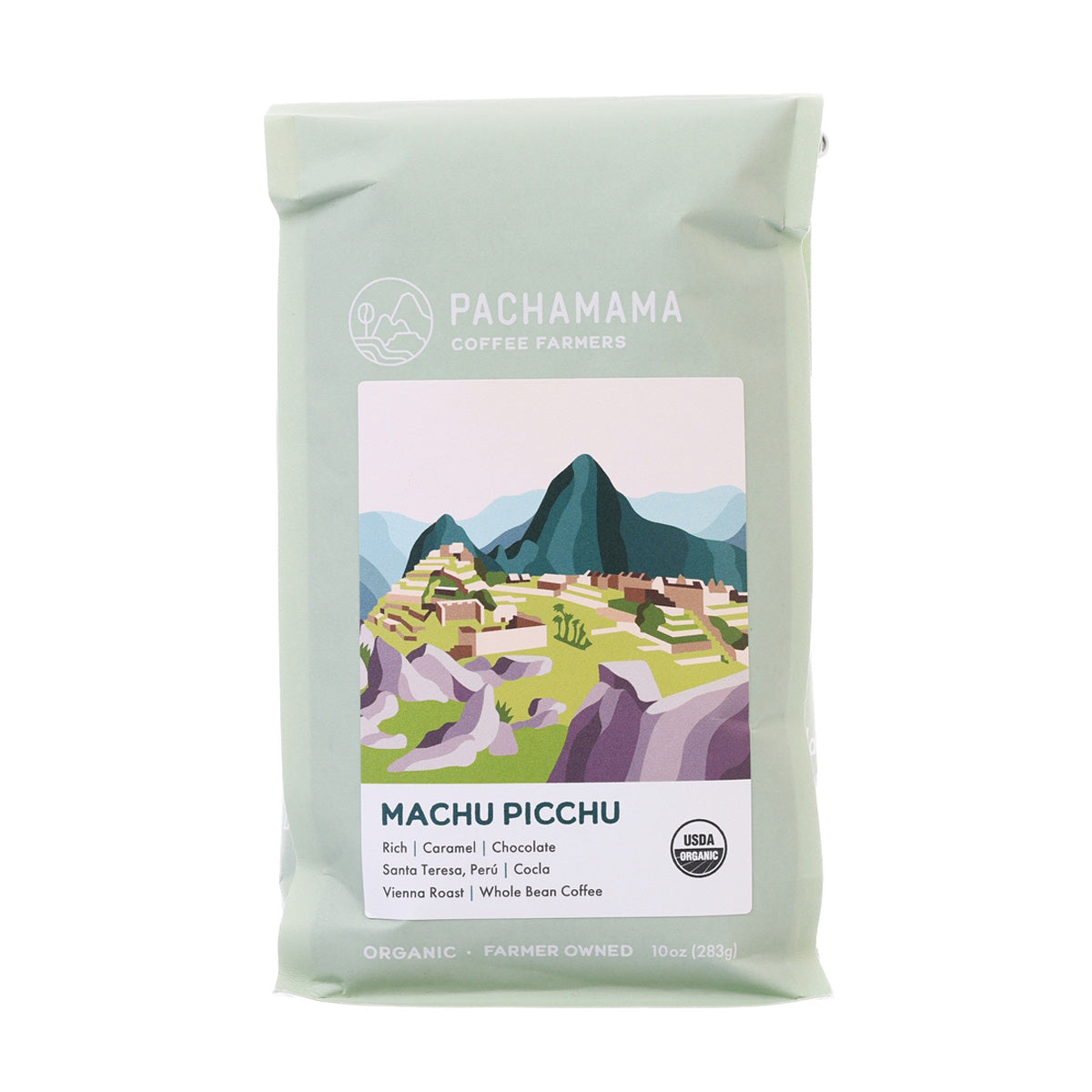 Organic whole bean coffee bag, Machu Picchu Vienna Roast, 283g, front label