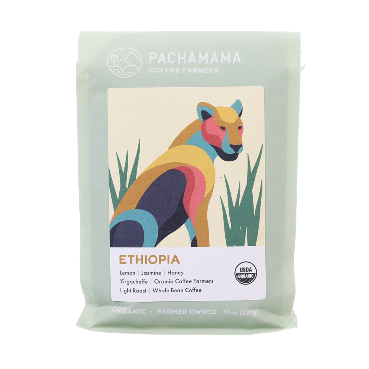 PACHAMAMA organic Ethiopia light roast whole bean coffee bag, front label