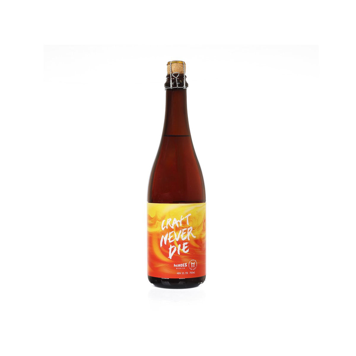 Brown beer bottle with gold foil cap and orange front label reading “Never Die”