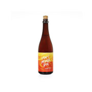Brown beer bottle with gold foil cap and orange front label reading “Never Die”