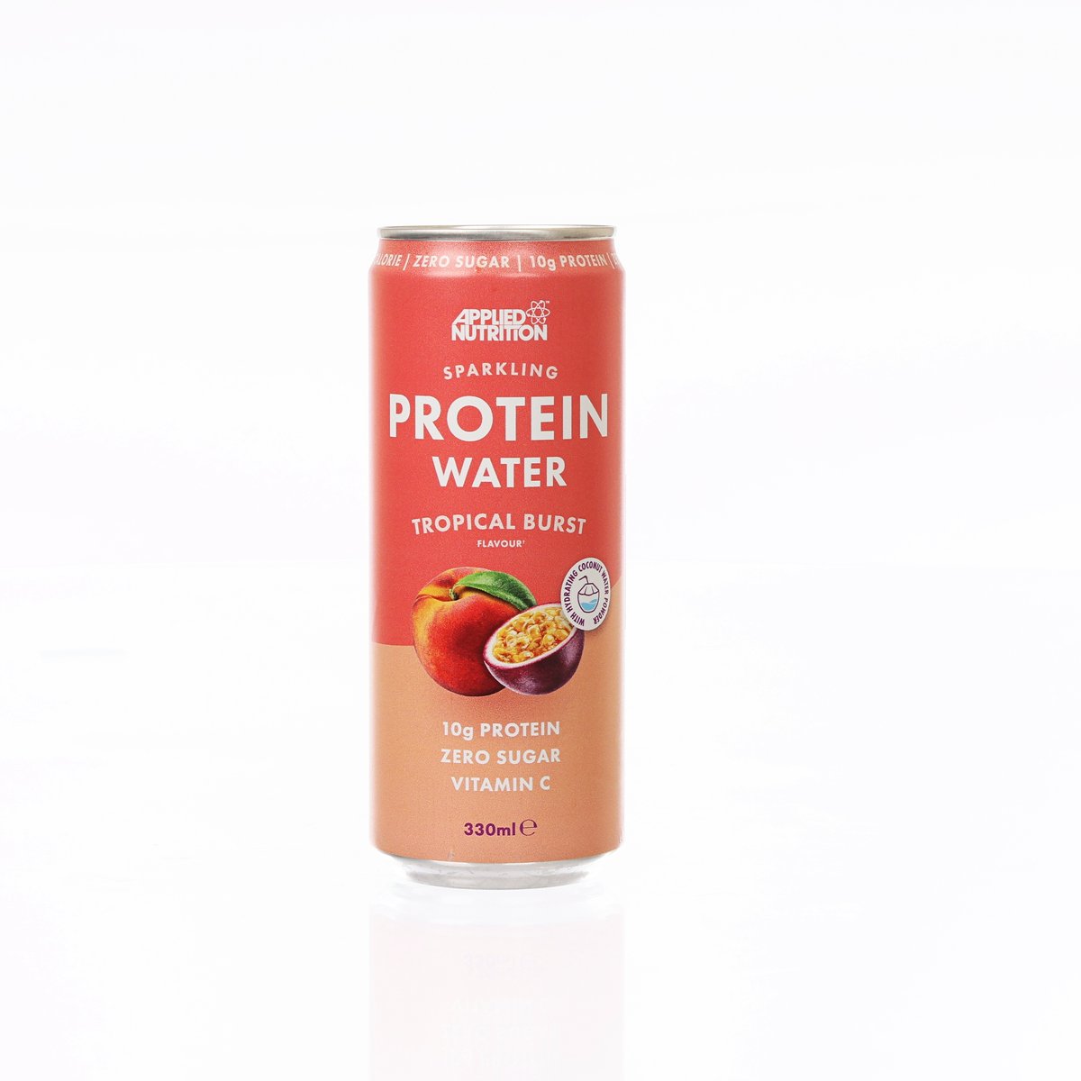 Protein water can, Tropical Burst flavor, orange-red label with fruit graphic