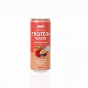 Protein water can, Tropical Burst flavor, orange-red label with fruit graphic