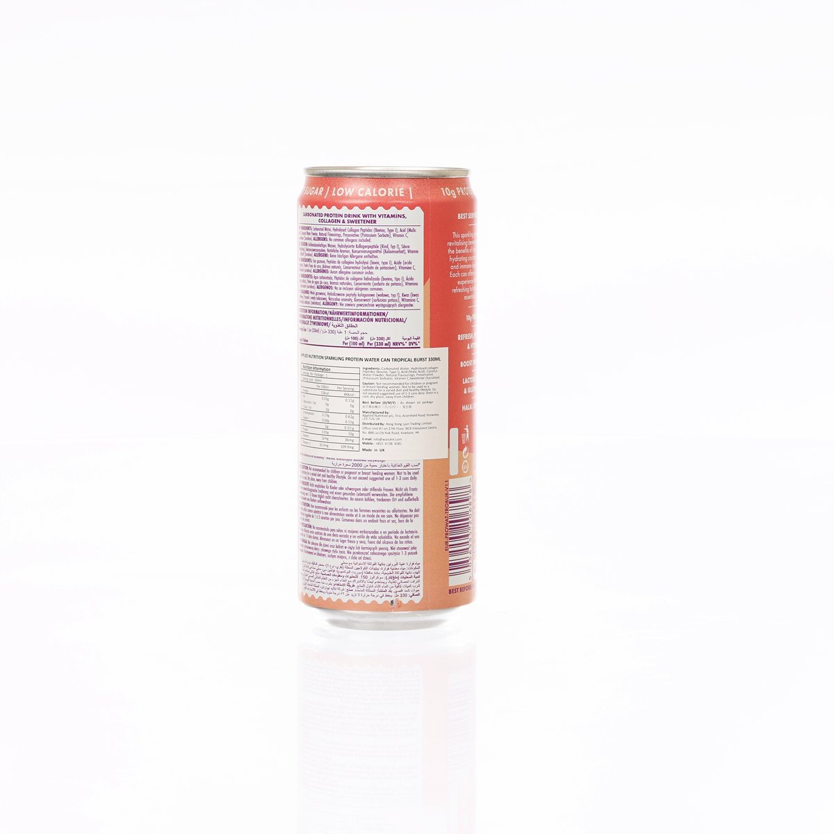 Protein water can back label with nutrition and ingredient information, white and orange