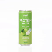 Sparkling protein water can, green apple burst label, 330 mL