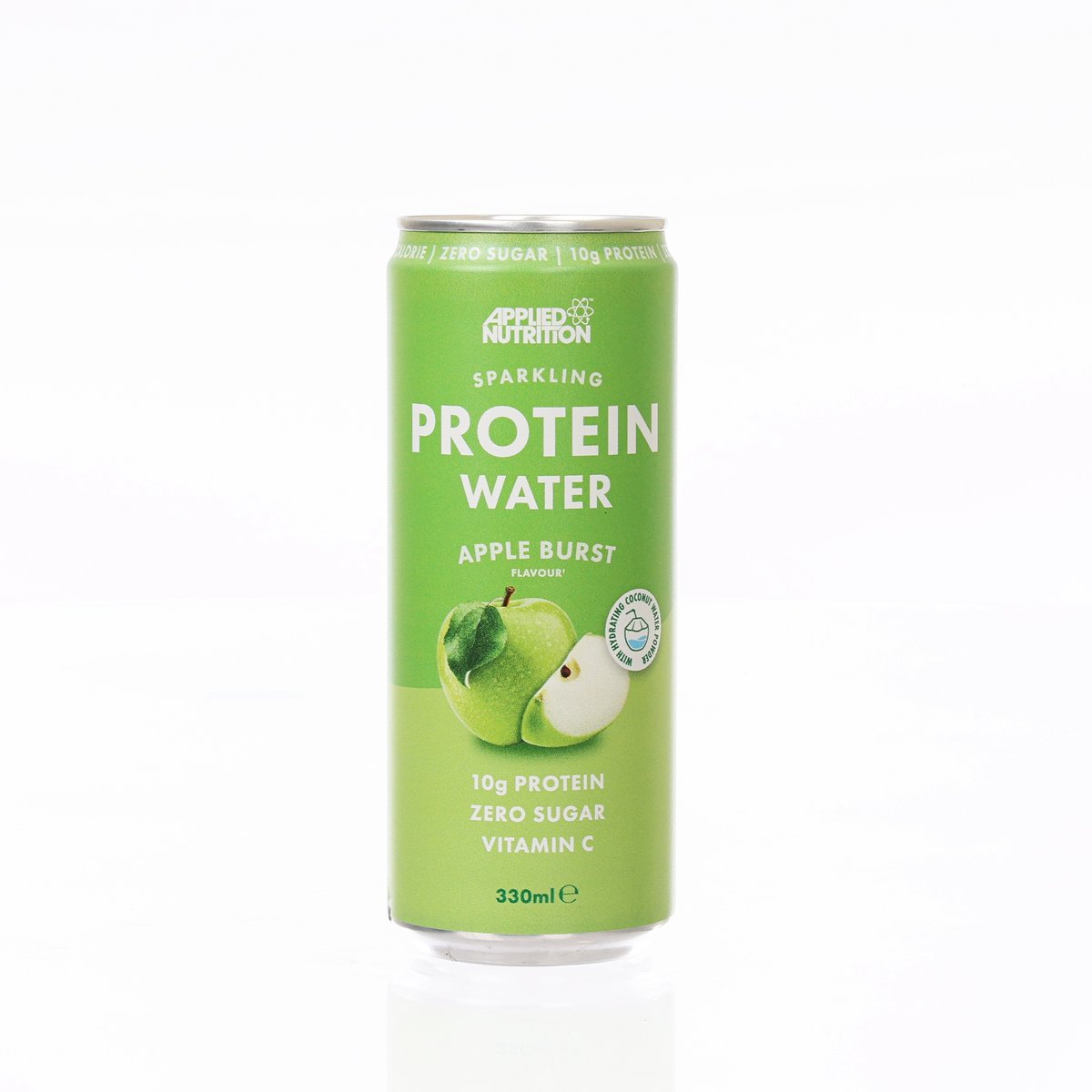 Sparkling protein water can, green apple burst label, 330 mL