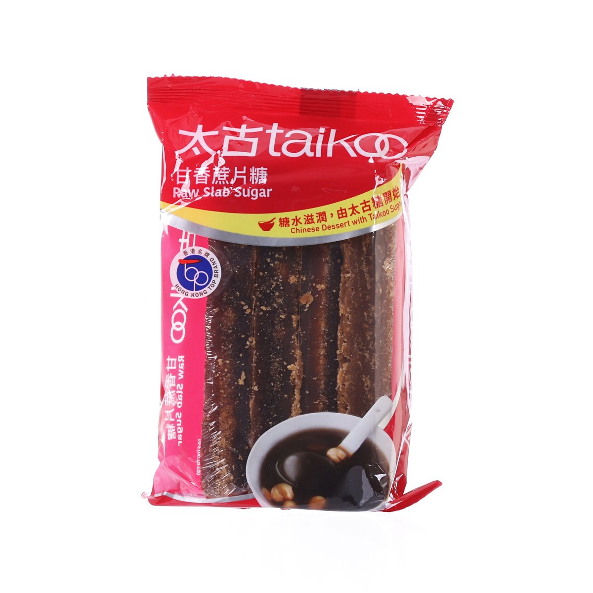 TAIKOO raw slab sugar 400g bag, red package with dark sugar slabs and spoon