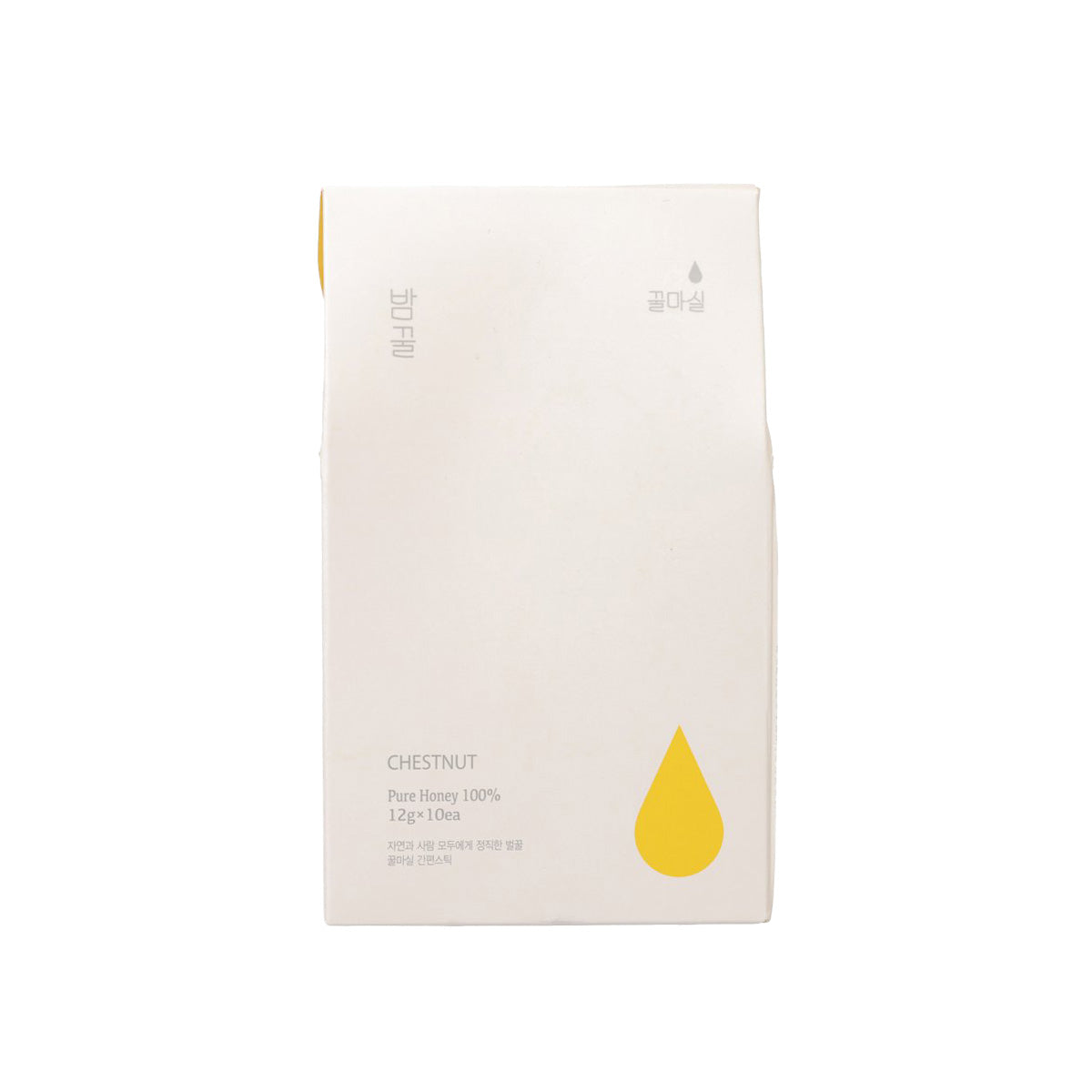 Honey stick pack pouch, white paper front with yellow honey droplet graphic