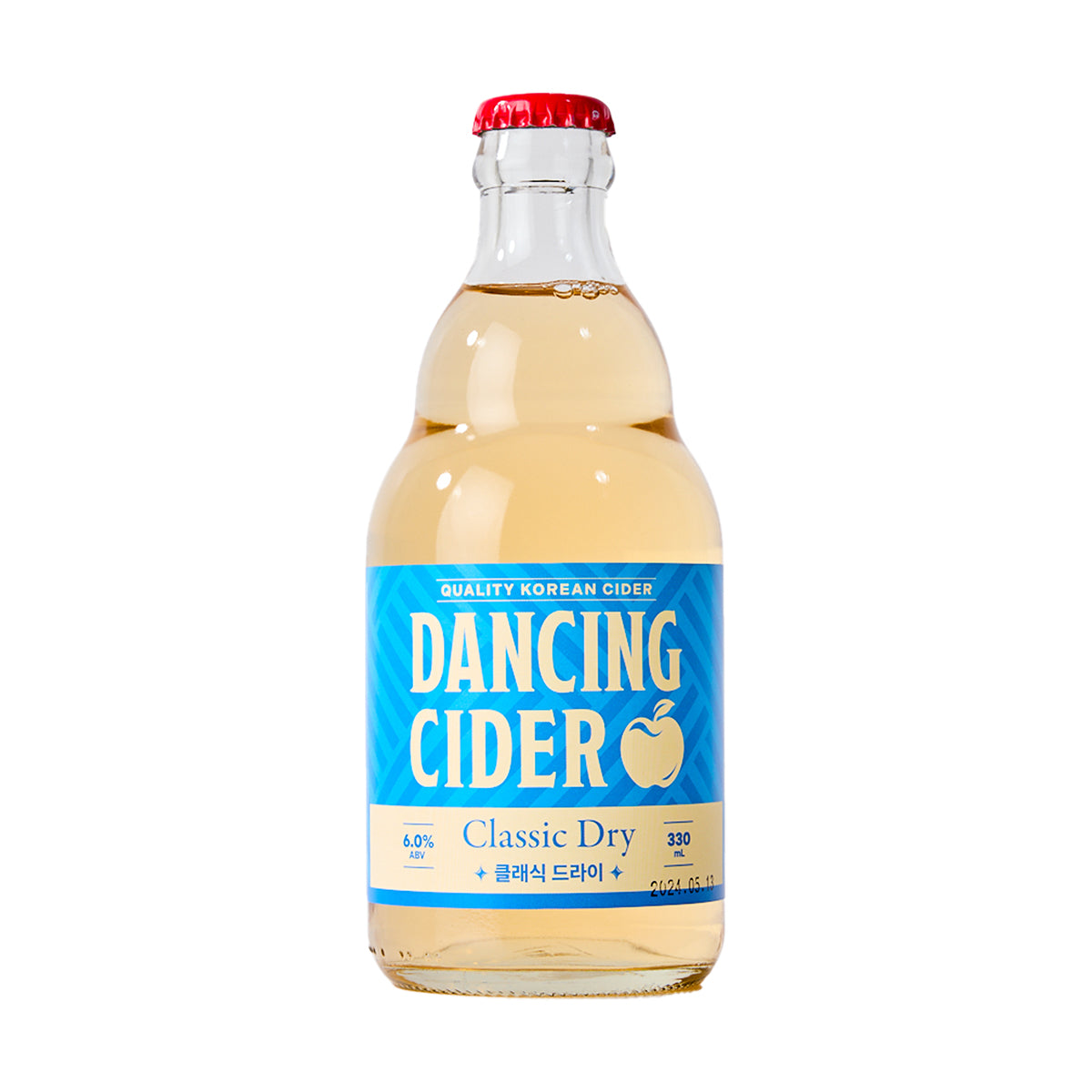 Dancing Cider Classic Dry cider bottle, 330 mL, red cap, blue label