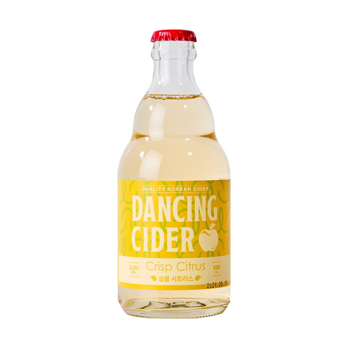 Crisp citrus cider bottle with red cap and yellow label, 330 mL