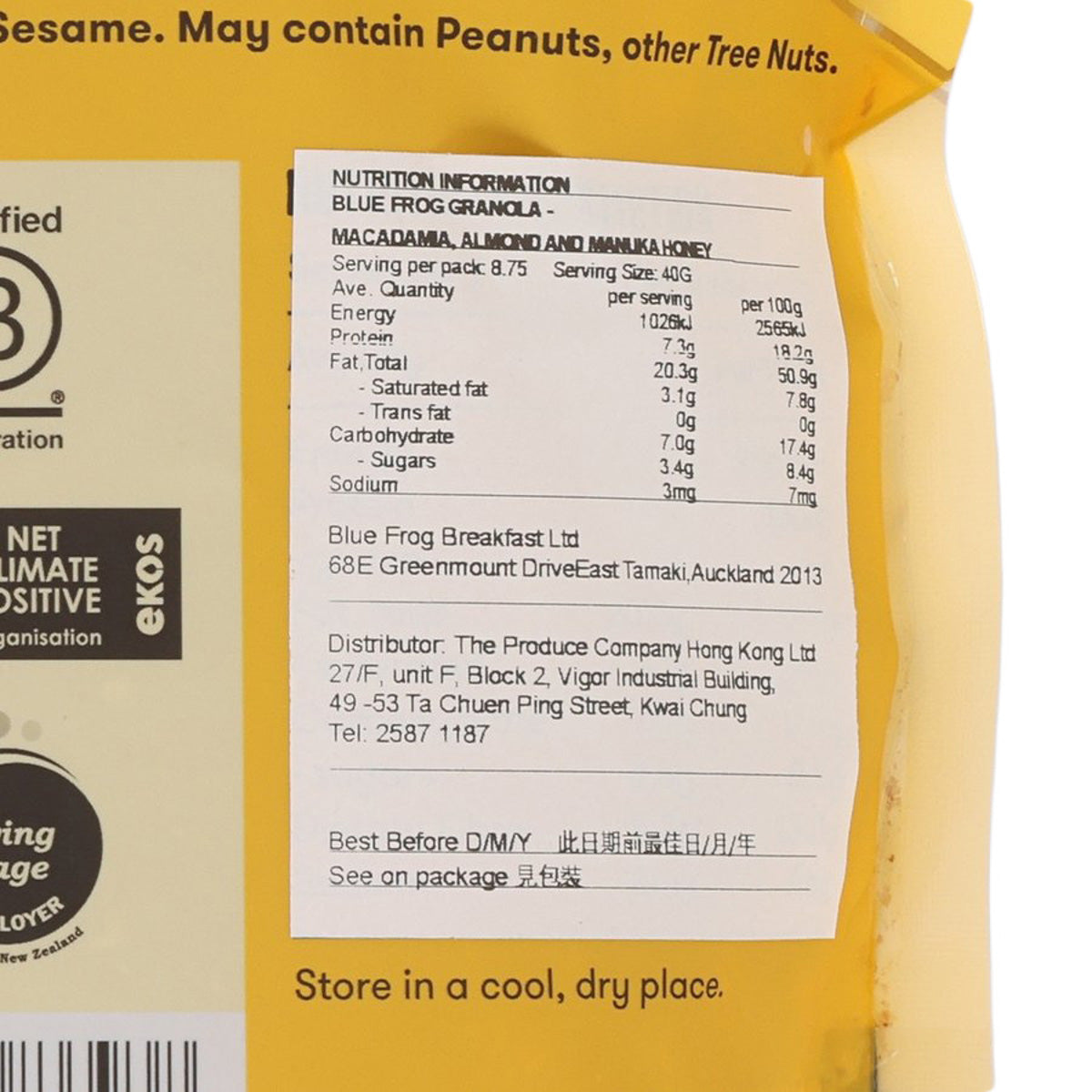Nutrition facts label on BLUEFROG keto granola bag with serving details