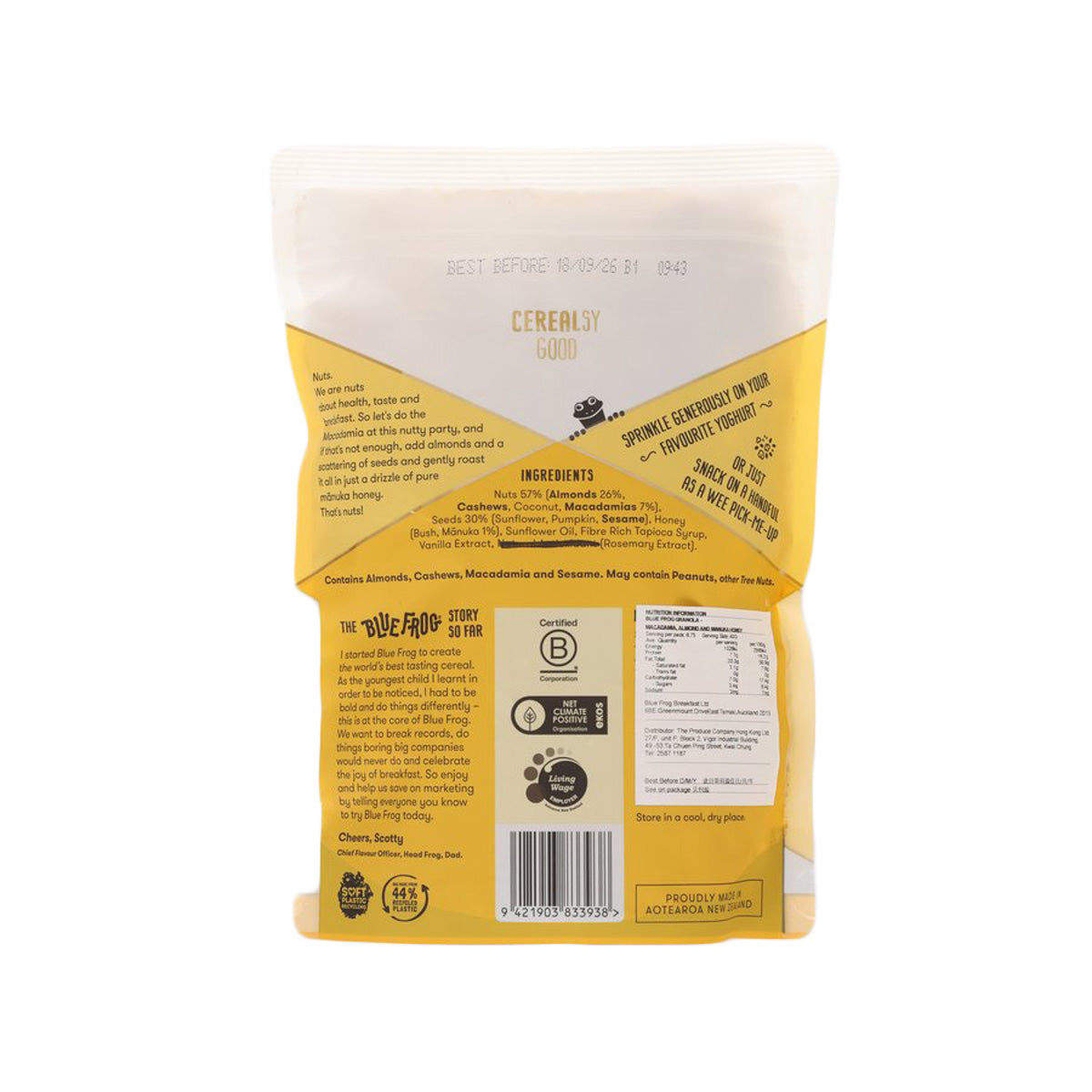 BLUEFROG keto granola bag back with ingredients and nutrition information
