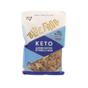 Keto granola pouch with almond butter and vanilla bean, blue and beige front label