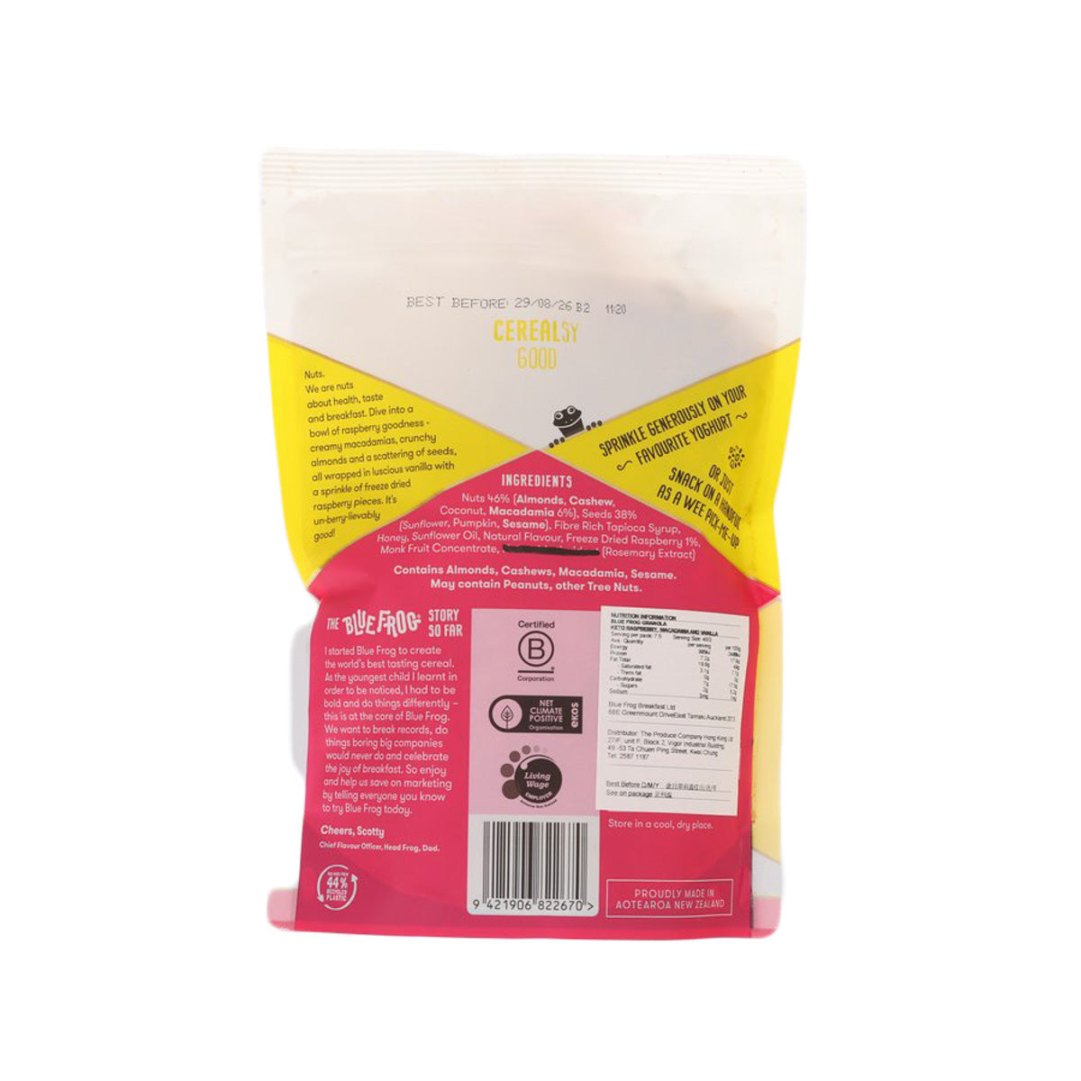 BLUEFROG keto granola back pouch with ingredients text and barcode