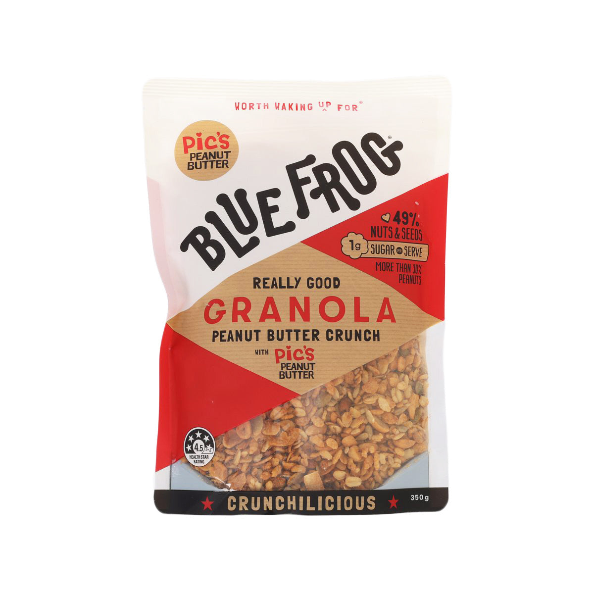 Peanut butter crunch granola pouch, front view with red and white branding
