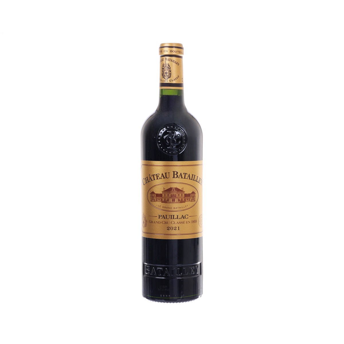 Red wine bottle with gold label, Pauillac 2021, 750 mL, front view