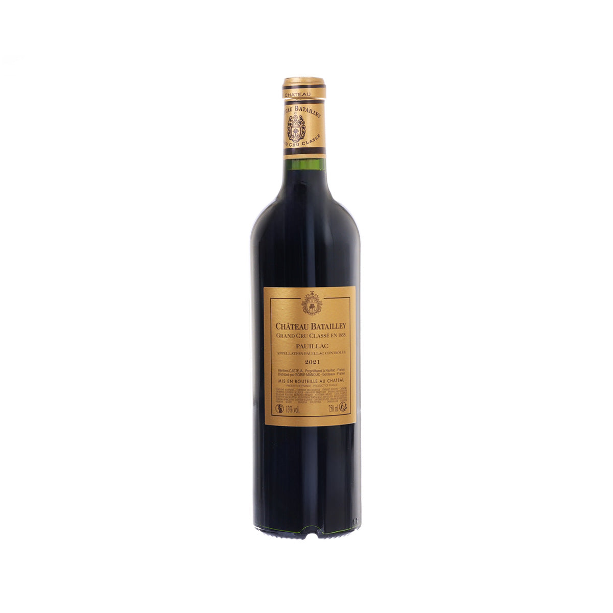Red wine bottle with gold label, Pauillac 2021, 750 mL, back view