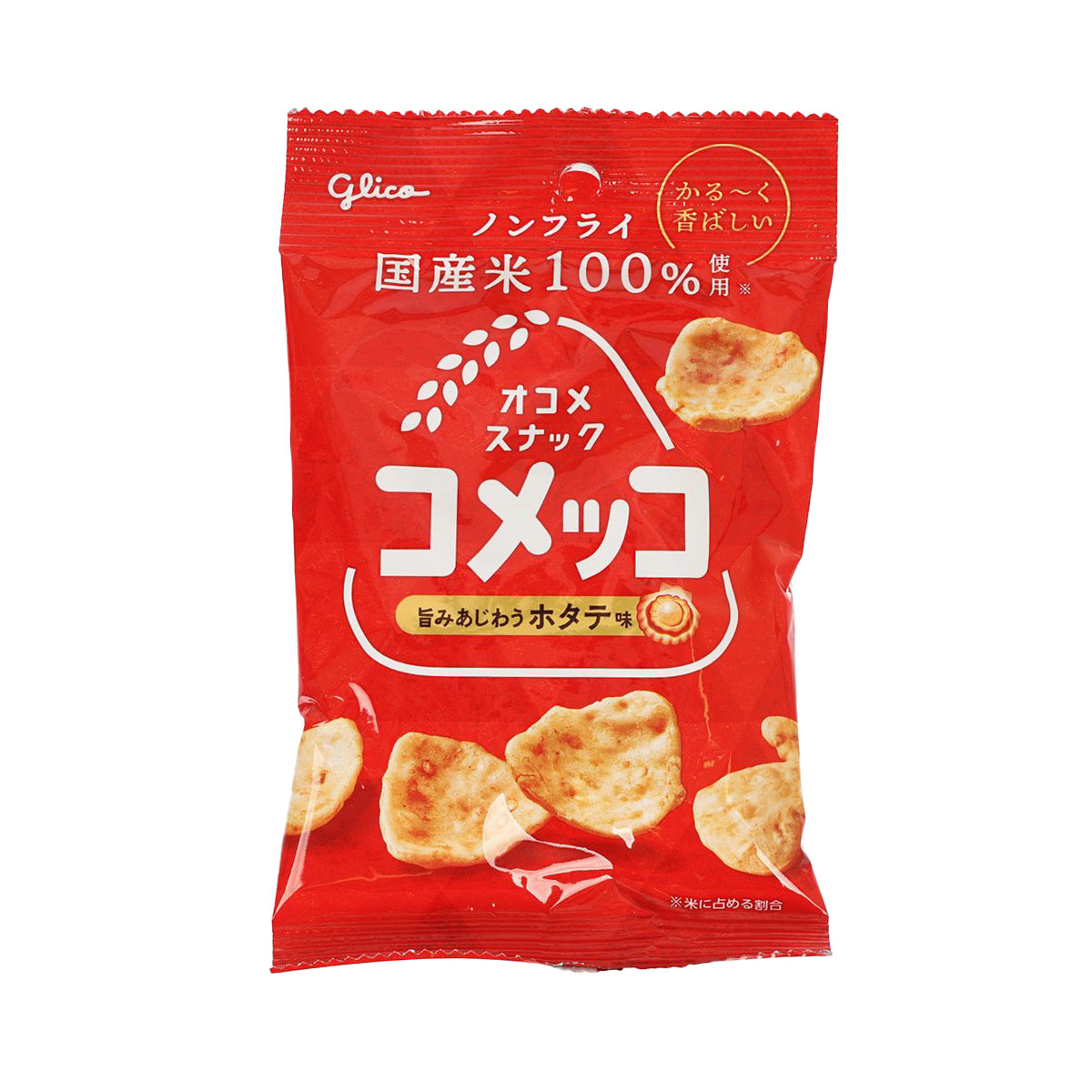 Scallop rice cracker chips pack, red bag with Glico logo and snack photos.