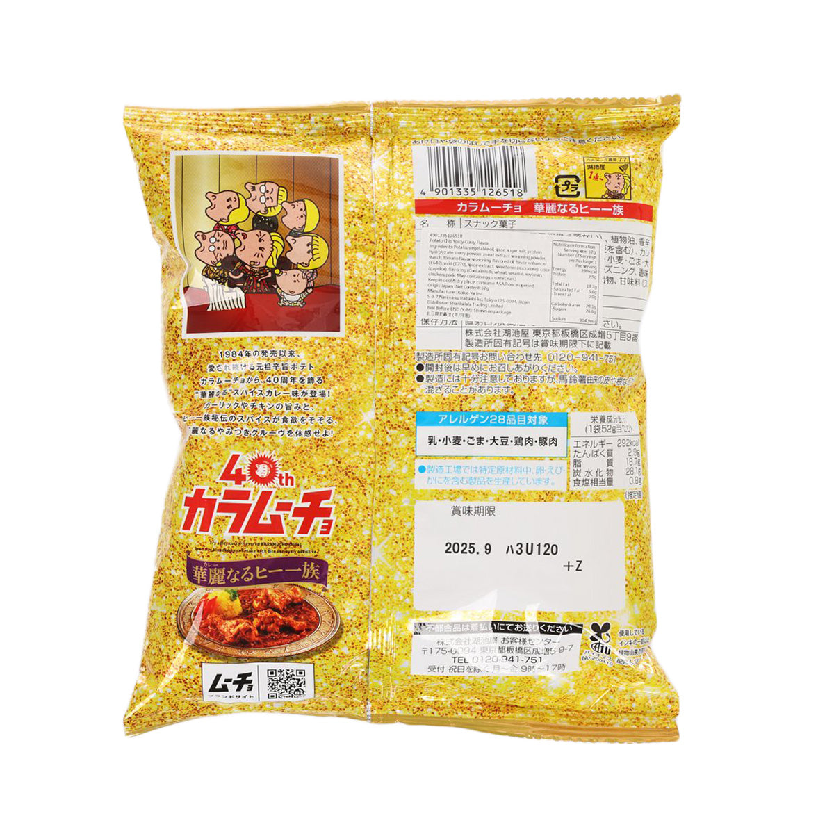 KOIKEYA Karamucho curry potato chips bag, back view with text and nutrition panel