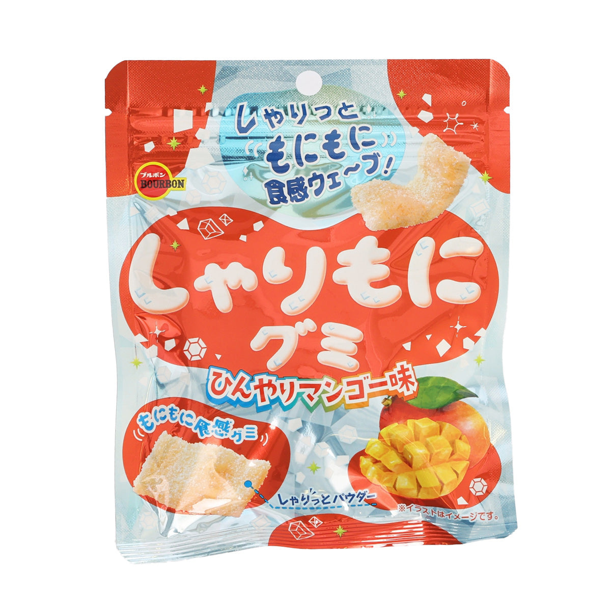 Mango gummy candy pouch, red and white packaging with mango flavor image
