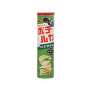 Green potato chips canister with red cap and wasabi soy sauce flavor label