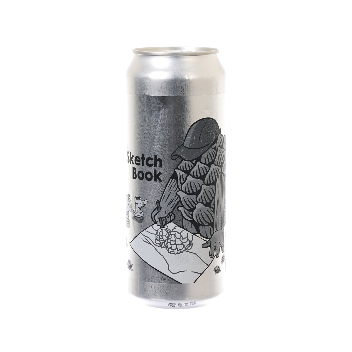 Metal beer can with black-and-white sketch illustration and text, silver top