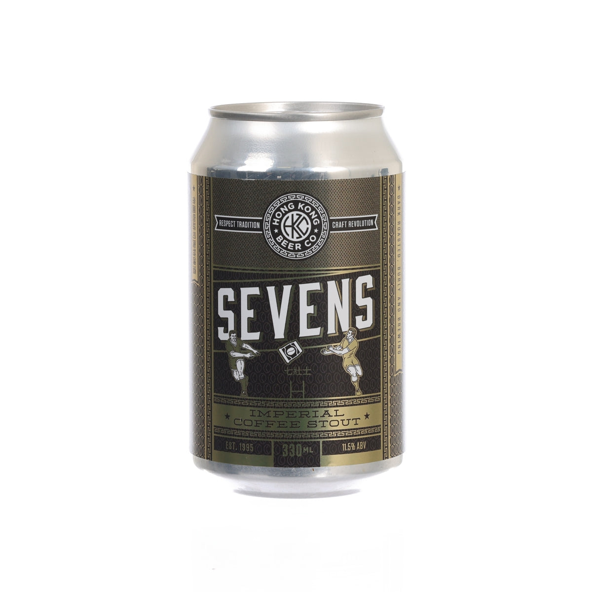 Dark stout beer can with SEVENS front label and coffee stout wording