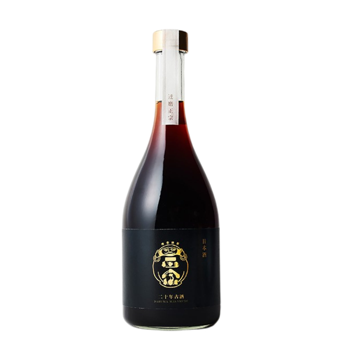 Liquor bottle with dark red contents, gold label, and black cap seal