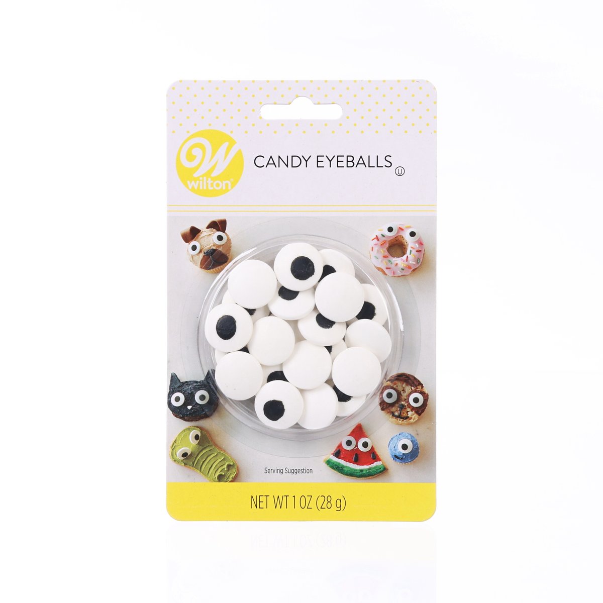 Jumbo candy eyeballs in clear tray, white discs with black pupils, 28 g
