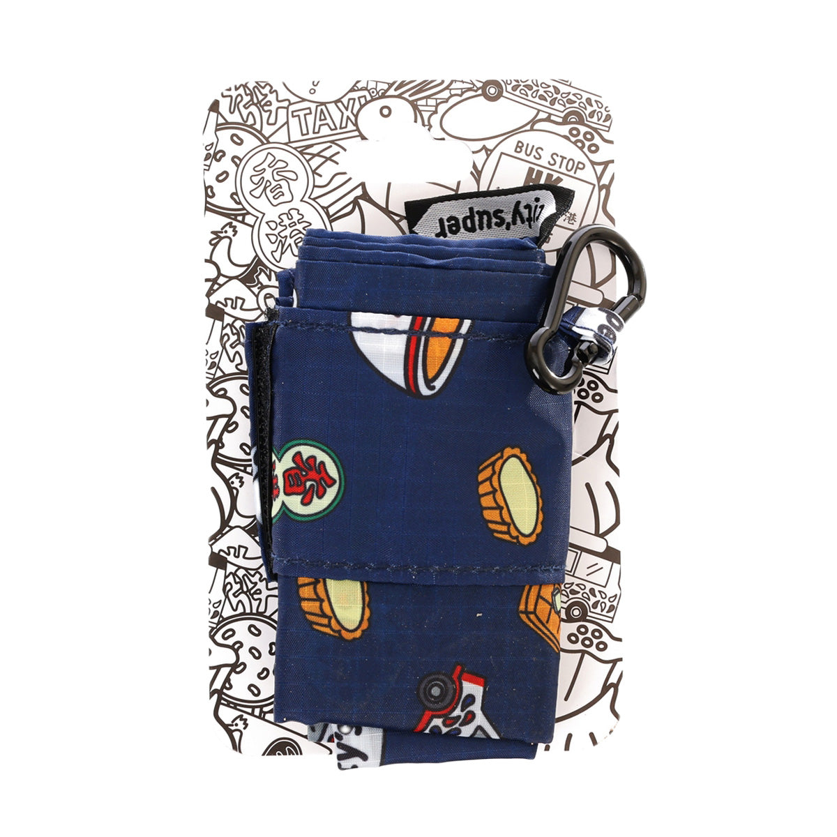 Blue foldable mini roll bag with cartoon print, snap pocket and metal clip loop