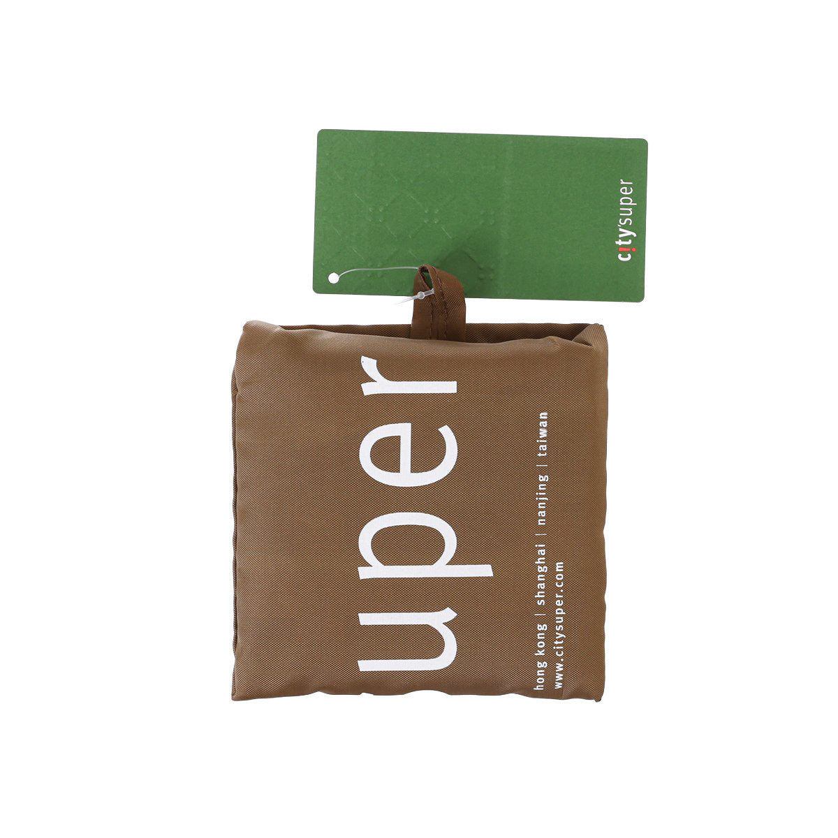 Small pocketable environmental bag, olive green with white CS logo and top handle.