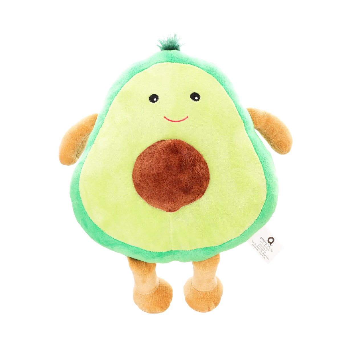 AROMA HOME avocado-shaped plush heatable toy with green body, brown belly patch, smiling face