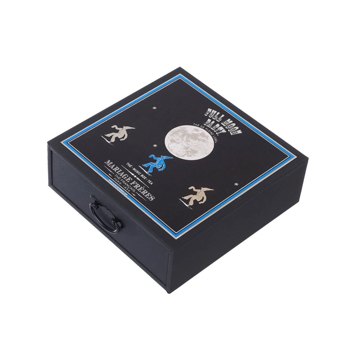 MARIAGE FRERES musical tea gift set box, black with moon and blue dancer graphics