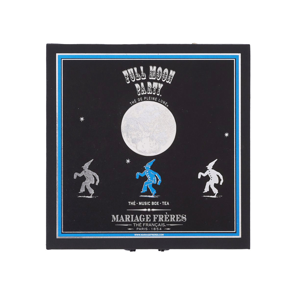 MARIAGE FRERES musical tea gift set lid, black panel with full moon and blue dancers