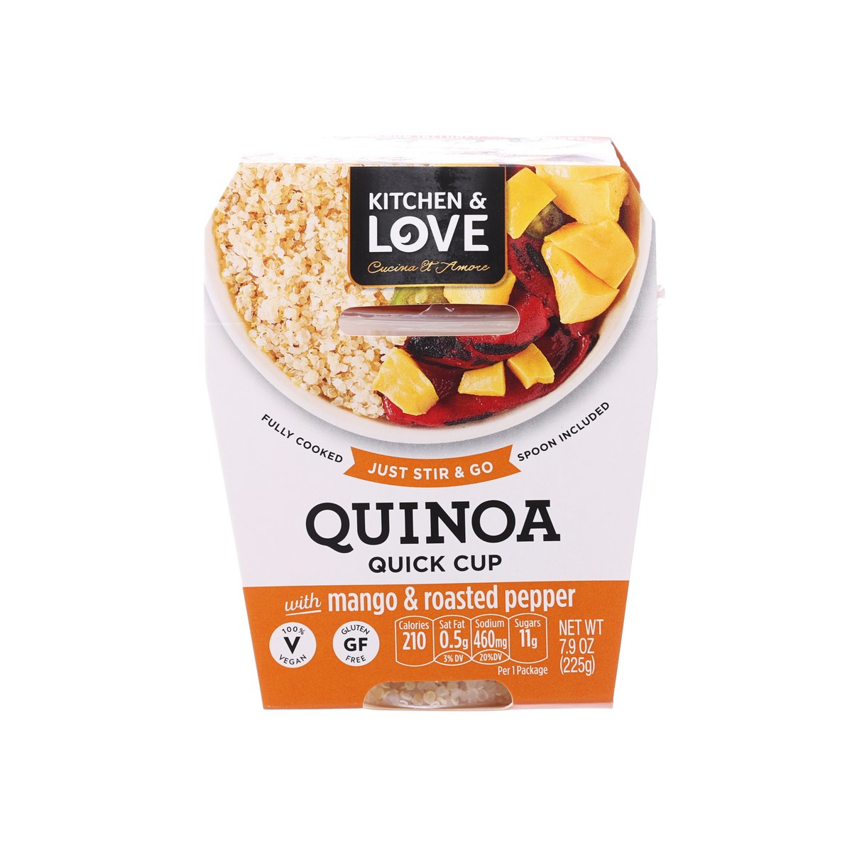 Quinoa quick cup meal pouch with mango and roasted pepper, front label view