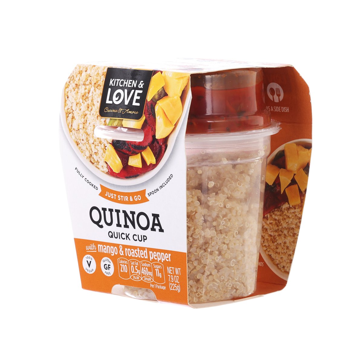 Quinoa quick cup meal pouch with mango and roasted pepper, side view with cup