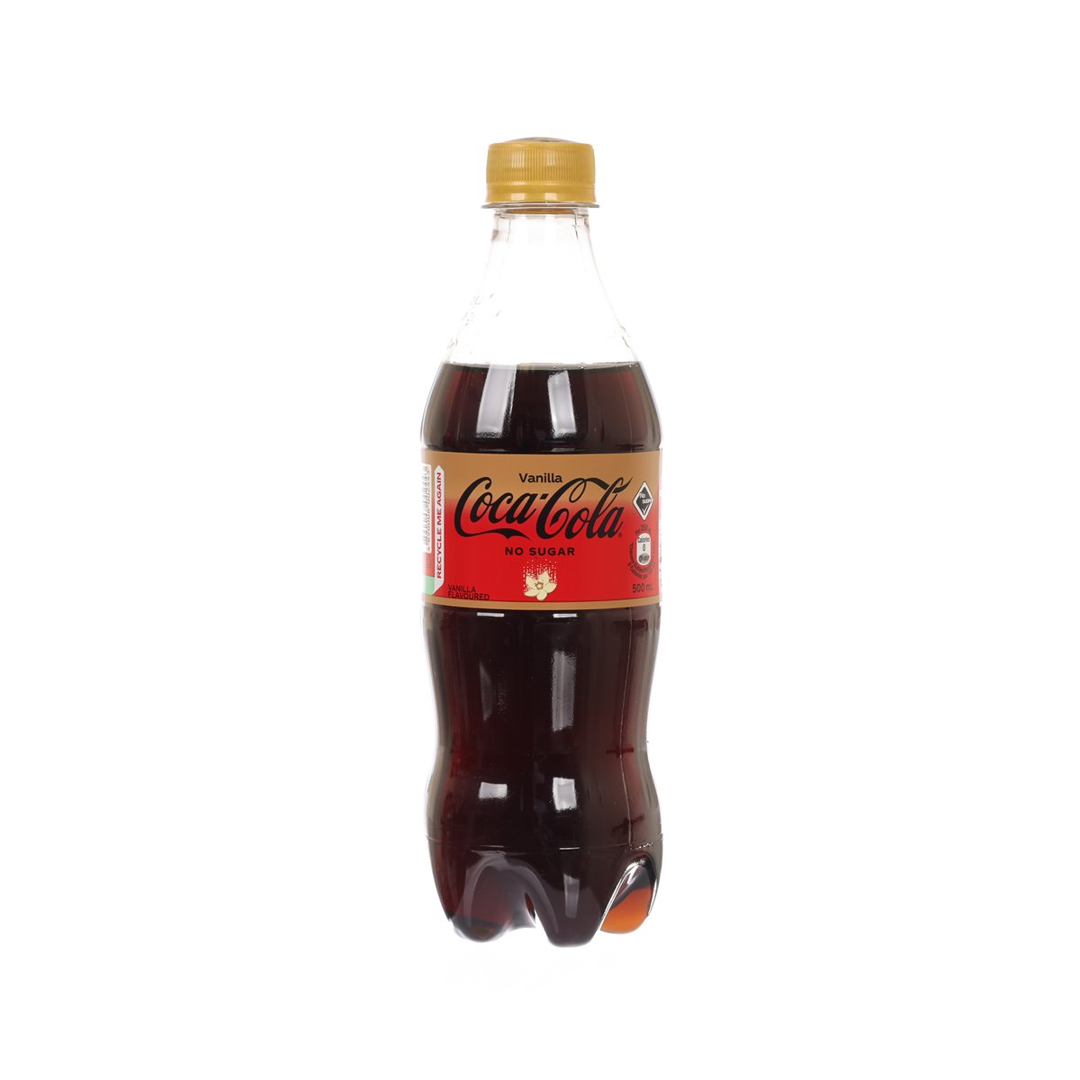 500 mL PET soda bottle with golden cap, dark cola, front No Sugar Coca-Cola label