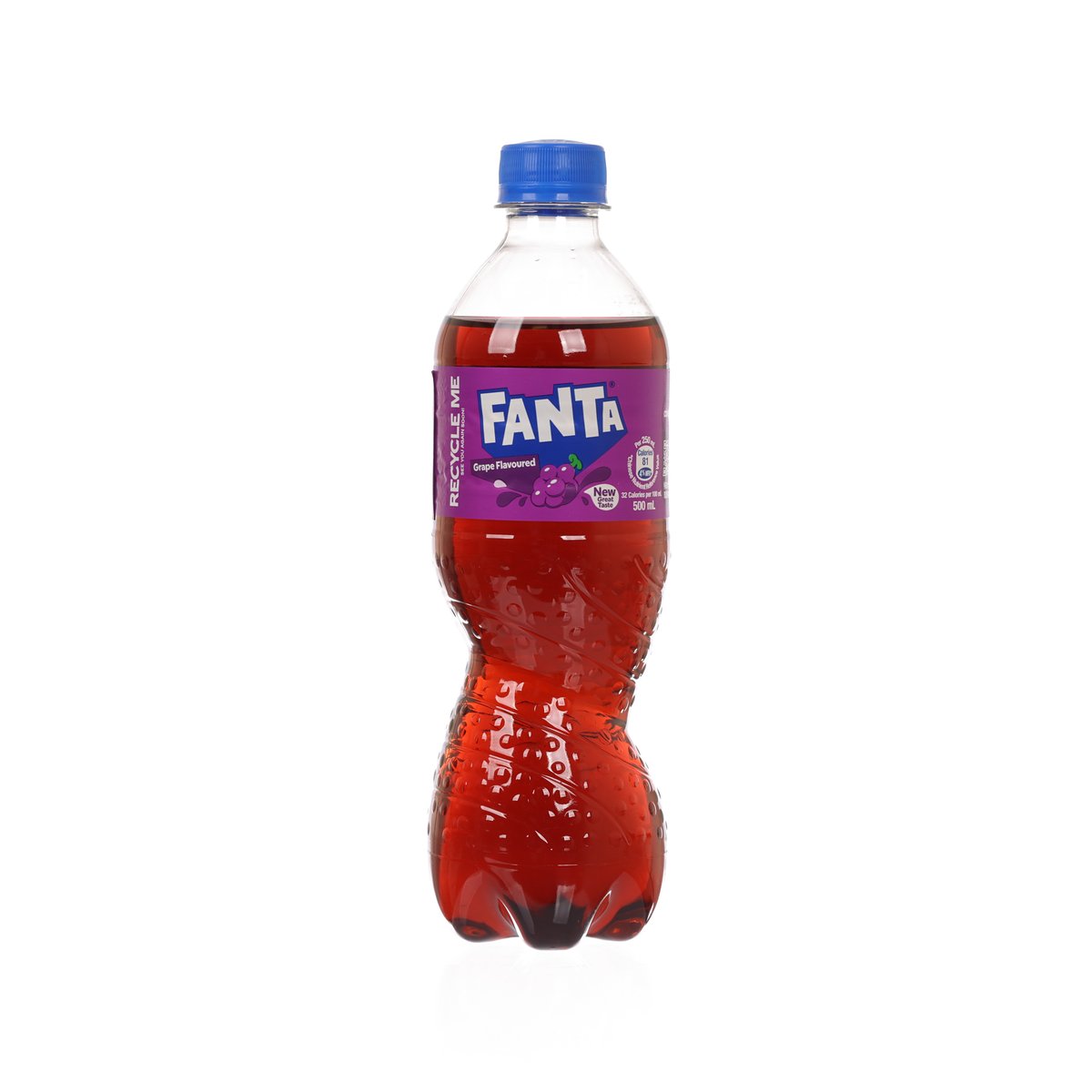 FANTA grape soda in 500 mL PET bottle with blue cap and dark red liquid