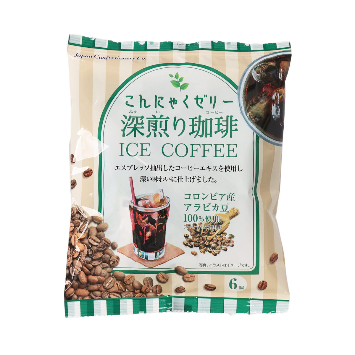 Ice coffee konjac jelly pouch, green-and-white pack of 6 x 16 g