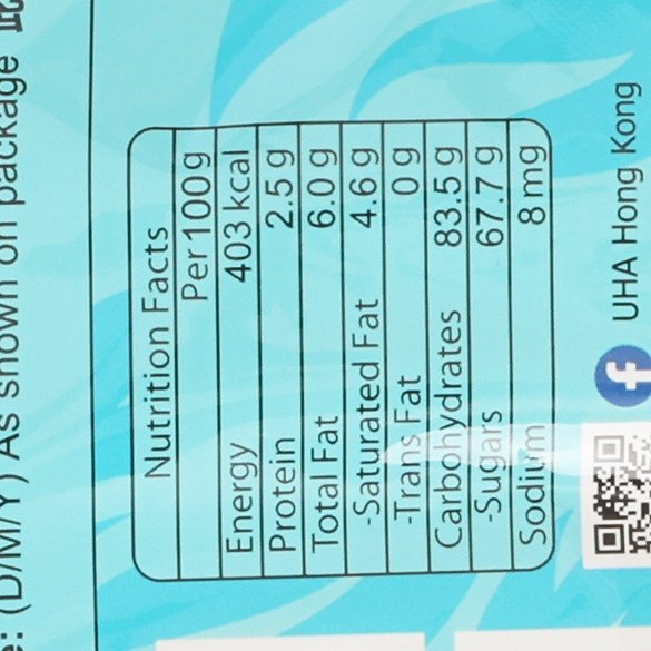 Puccho nutrition facts panel showing energy, protein, fat, carbohydrates, and sugars