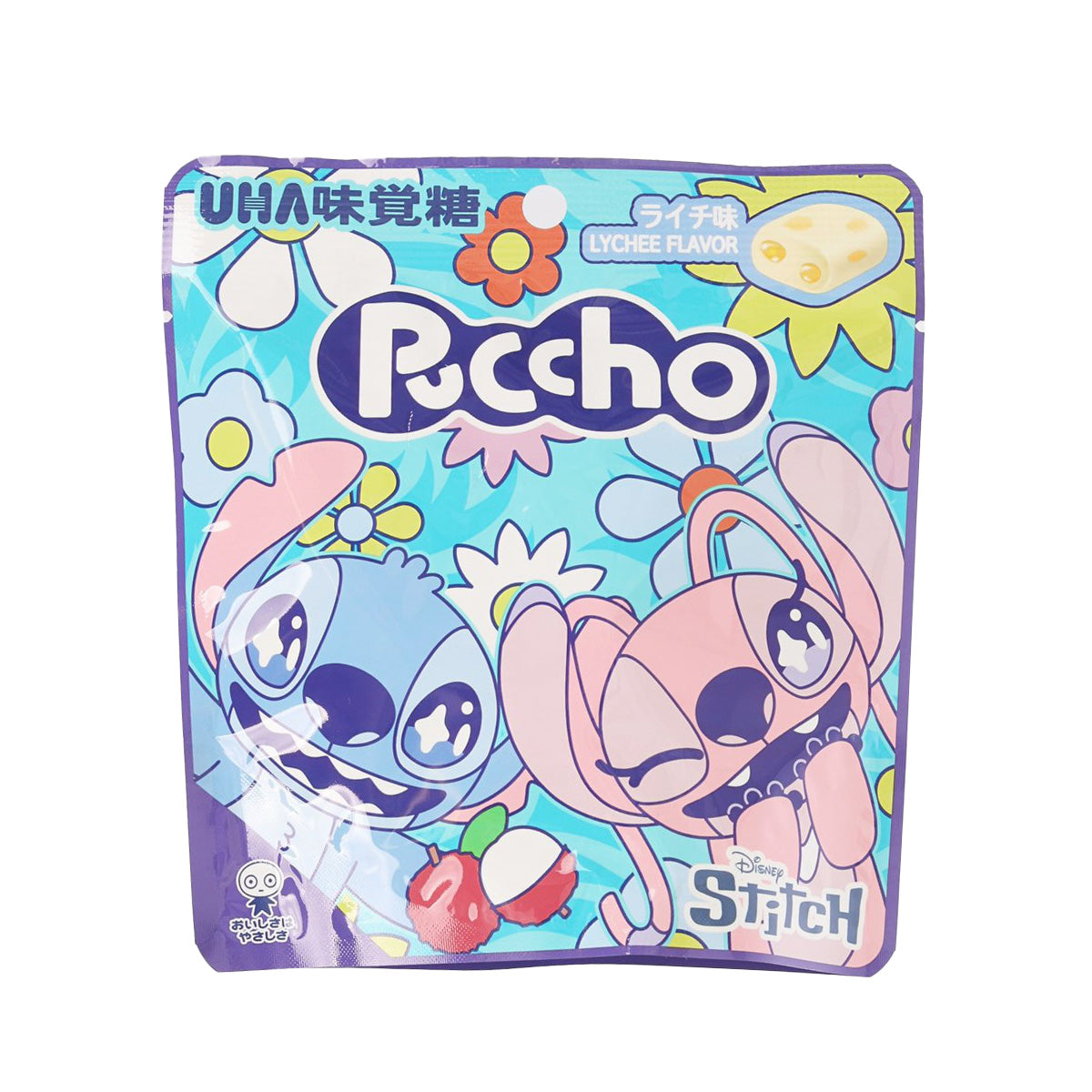 Lychee flavor Puccho candy pouch with Stitch character on blue-purple package