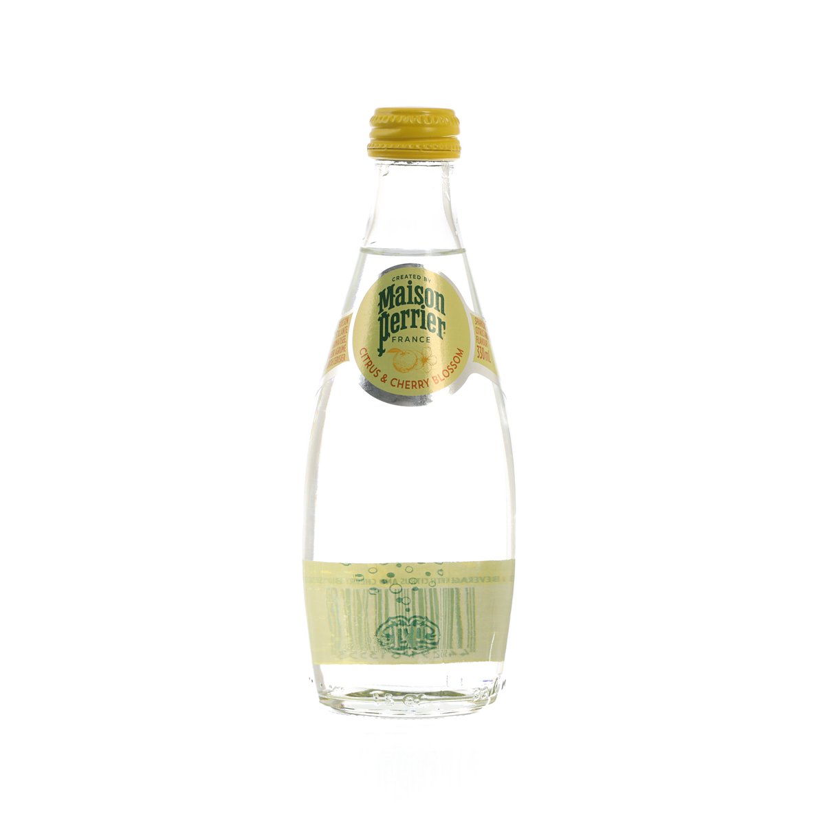MAISON PERRIER sparkling mineral water bottle, clear glass with gold cap and label
