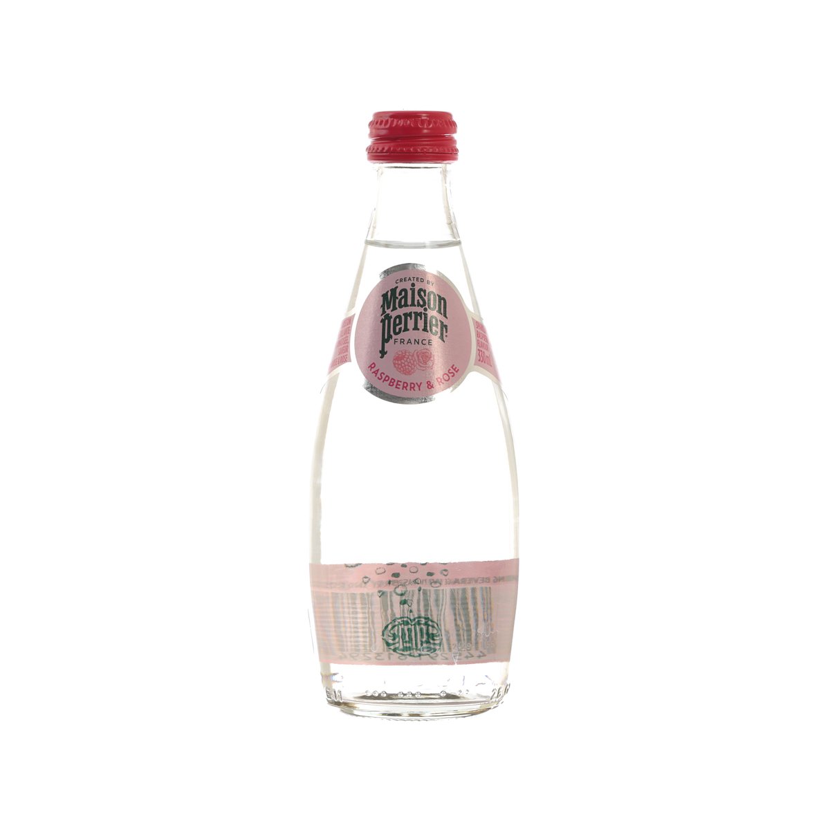 MAISON PERRIER raspberry and rose sparkling water bottle, clear glass with red cap